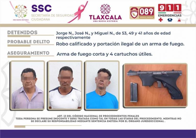 La SSC detiene en Chiautempan a tres personas y asegura un arma de fuego